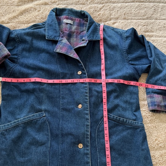 Vintage 80’s Denim Long Duster Blue Pink Plaid Lined Long Coat Sz L Jean Heavy - Picture 5 of 17